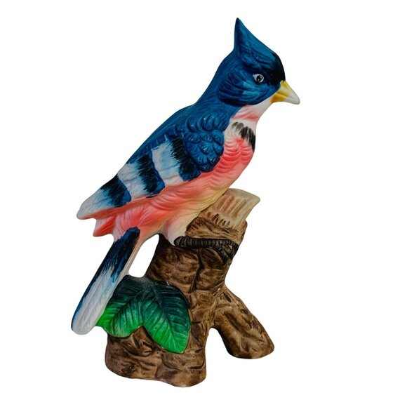 Blue Jay Figurine On Tree Stump VTG Hand Painted Porcelain Decorative Home Decor - Picture 7 of 14